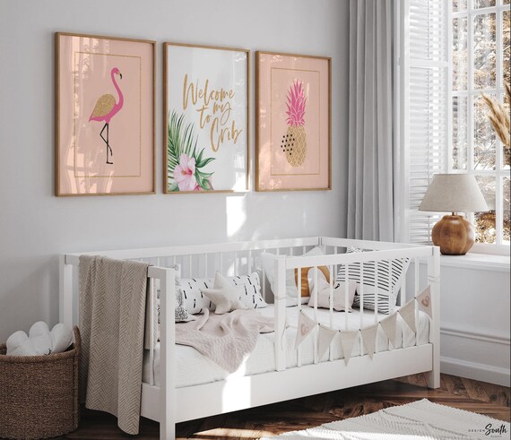 Girls nursery decor, tropical animal theme, blush pink flamingo tropical nursery, girls nursery designs, flamingo decor, pineapple art gold