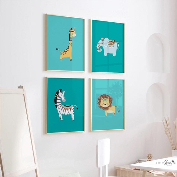 Turquoise children's decor playroom, shared playroom wall art idea, safari wall art zoo animals lion zebra elephant giraffe, kid playroom