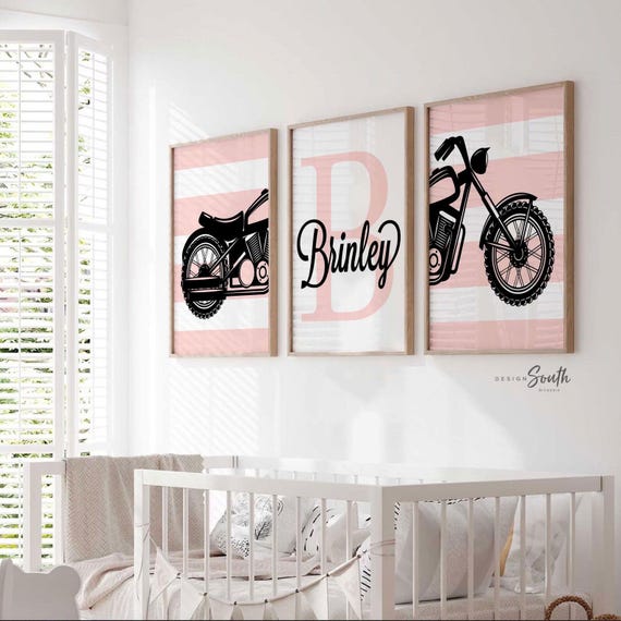 Personalized Pink Motorcycle Girl Nursery Art - Harley Davidson Theme