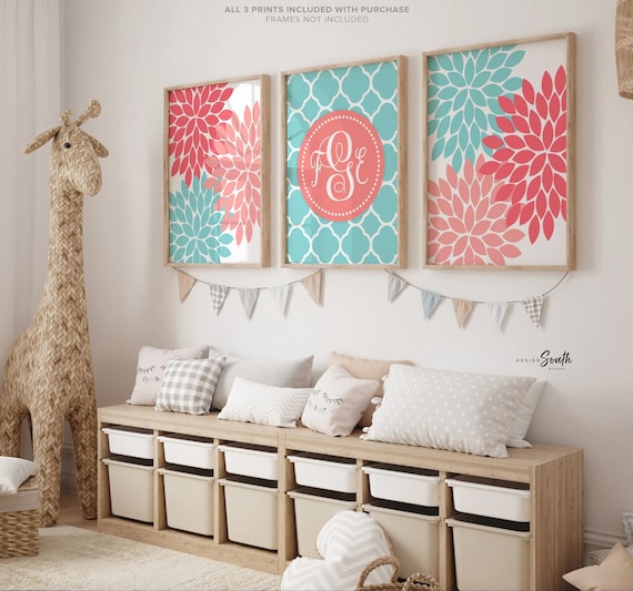 Coral and aqua girls wall decor, personalized monogram gift, baby shower gift monogram, baby girl room coral and aqua, girl bedroom wall art