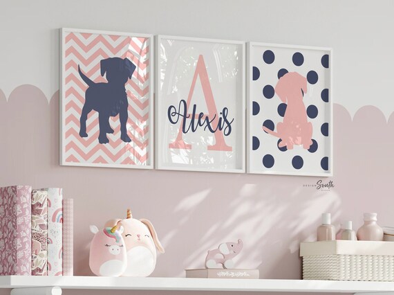Baby girl puppy nursery wall art, navy blue and pink girls room, girls puppy dog nursery customized name, puppy gift for girl, puppy theme