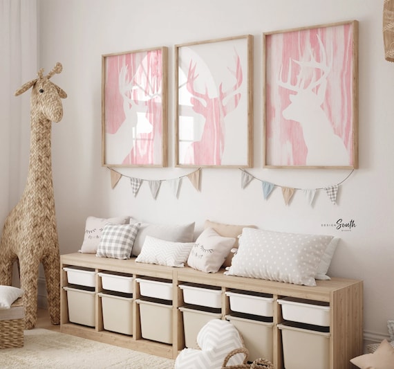 Pink deer antler theme nursery, signs over the crib pink deer, trendy deer head art decor girl, pink buck deer woodland, girls hunting decor
