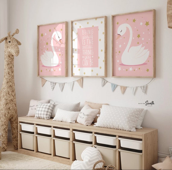 Pink gold nursery, blush nursery wall art, pink nursery prints, pink and gold, being yourself is the prettiest, be yourself, pink swan decor