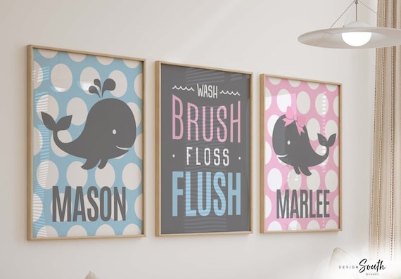 Whale bathroom decor, kids whale bathroom, twins whale bathroom, boy/girl bathroom prints, pink and blue, wash brush flush floss, wall art