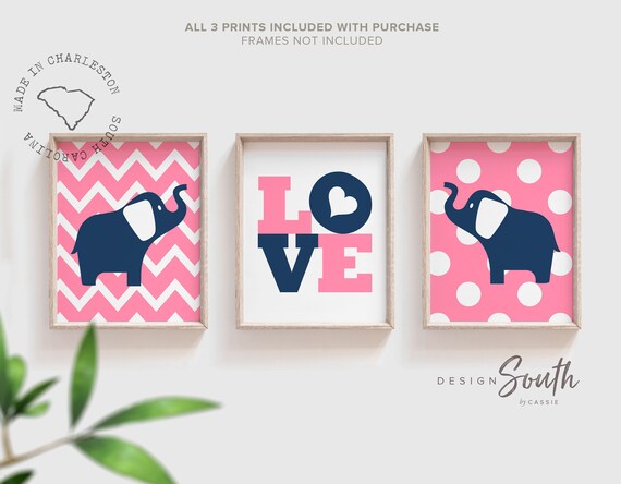 Pink and navy elephant nursery, elephant nursery wall decor, elephant art, elephant nursery art, elephant decor, pink elephant art, pink art