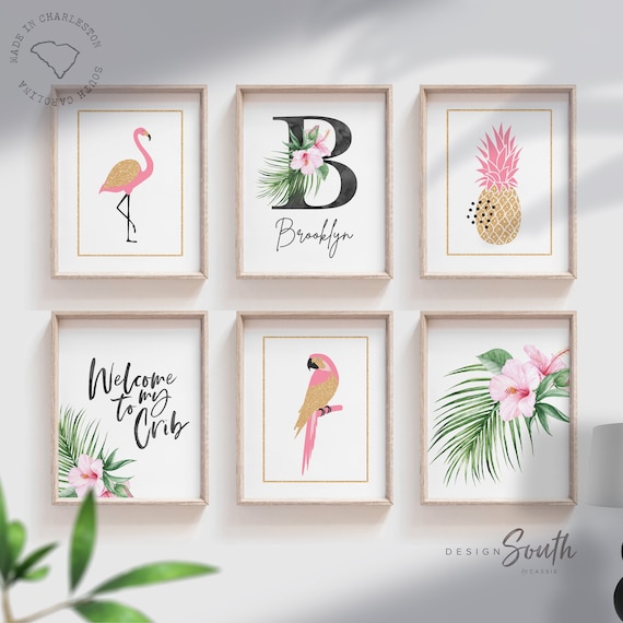 Welcome to my crib print art set, above crib tropical wall, flamingo nursery decor, baby room decor, newborn flamingo nursery pink and gold