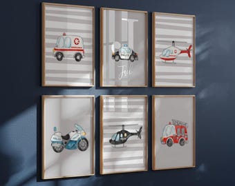 Emergency Vehicle Nursery Prints: Watercolor Truck, Fire Engine, Helicopter