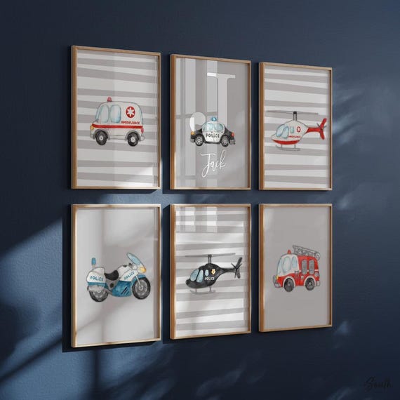 Emergency Vehicle Nursery Prints: Watercolor Truck, Fire Engine, Helicopter