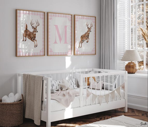 Whitetail Deer Nursery Art Set, Pink Gingham Buck Prints, Personalized Initial Decor