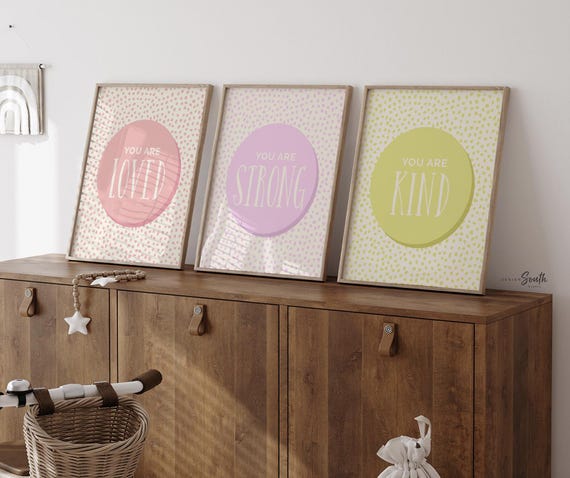 Art prints coral blush pink yellow, little girl room art set, you are strong loved kind, positive print set for girl set, coral yellow room