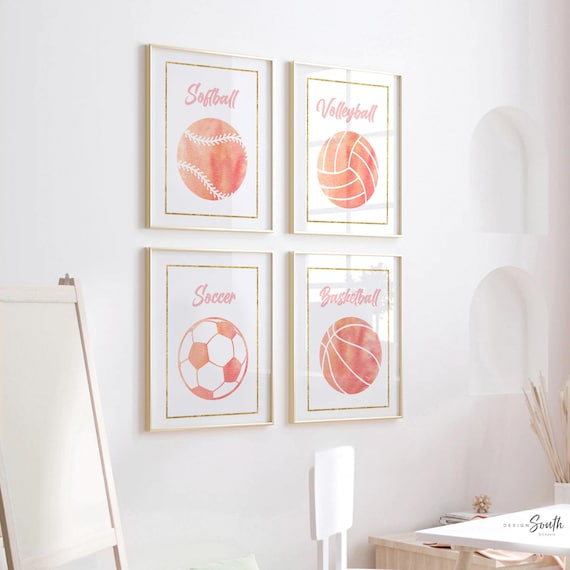 Girl sports themed gift, girl room wall sports art, pink sports print set, set of 4, sports posters for girls, art collection sports themed
