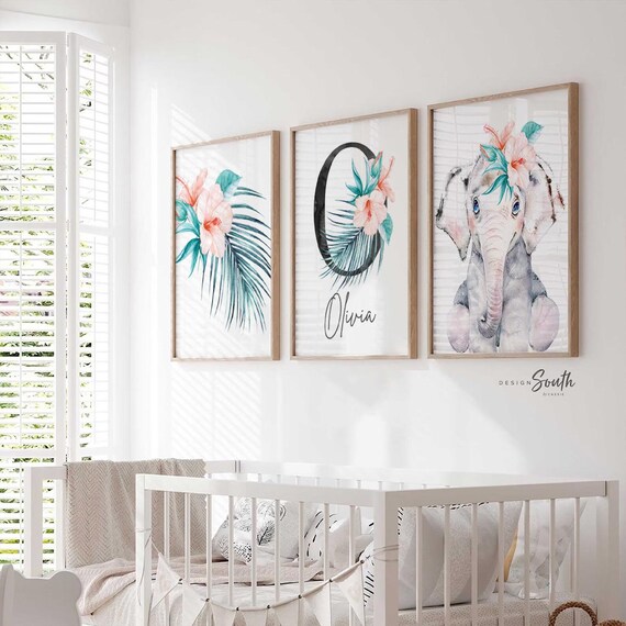 Coral and teal nursery art, tropical theme baby gift, elephant nursery decor for girl, bedroom wall art personalized name, tropical leaf art