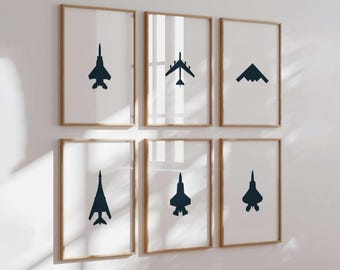 Set of 6 Military Jet Prints – F15, F22, F35, B1, B2, B52 Nursery Decor