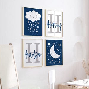 Arte de pared para habitación de gemelos, decoración para niños gemelos, habitación de gemelos azul marino, arte para dormitorio de gemelos, dormitorio compartido, monogramas para niños, arte de pared para hermanos