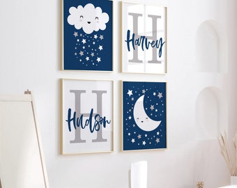 Twin Boys Nursery Art: Navy Blue Moon, Cloud, Stars (Unframed)