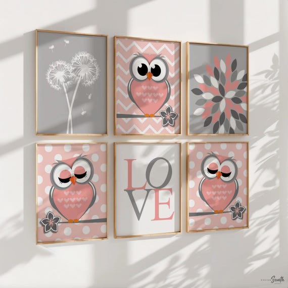 Owl nursery decor, baby girls owl nursery wall art, girls room decor, coral and gray decor for nursery, love decor, dandelion decor, flower