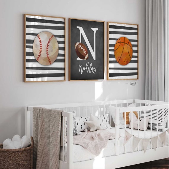 Sports wall prints for kid room, sports balls wall pictures, sports art personalized gift, basketball baseball football wall art boy nursery