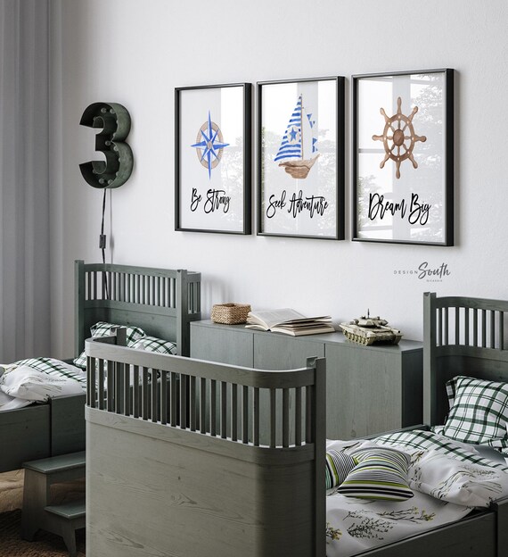 Baby nautical nursery decor, baby nautical gift, blue boy nautical room decor, compass sailboat wooden ship wheel baby room art, sailing art