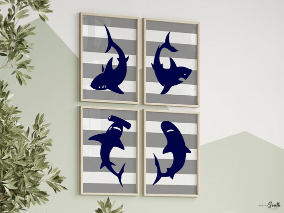 Shark playroom art, boys shark bedroom decor, toddler shark room, kids shark decor, childrens shark art, shark kids bedroom theme navy blue
