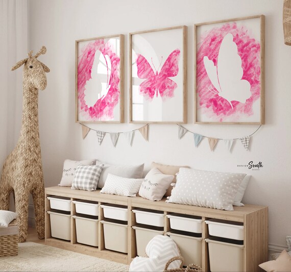 Butterfly watercolor prints, butterfly baby shower gift, three butterfly art prints, pink teen girl's room art, little girl bedroom wall art