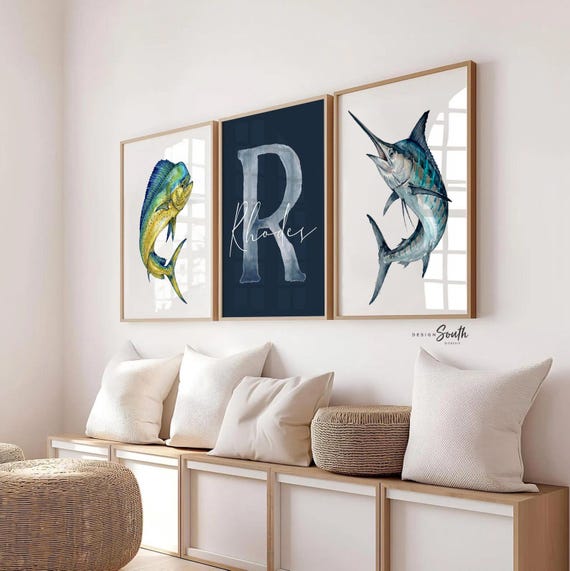 Blue Marlin & Yellowfin Tuna Nursery Wall Art Set of 3, Personalized Boy Fishing Prints, Navy Saltwater Fish Decor Offshore Sportfishing Art