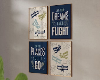 Décoration vintage pour chambre d'enfant avion : impressions d'art aviation (lot de 4)