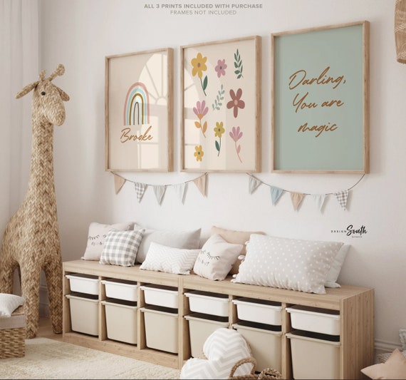 Neutral girl nursery decor, girls name earthy muted rainbow decor, soft nursery decor, flower theme, darling you are magic, baby girl gift