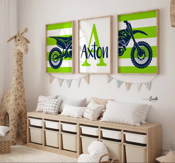 Lime green dirt bike themed room wall art, kid name racing bedroom, personalized kids name decor art print, motocross bedroom theme for boy