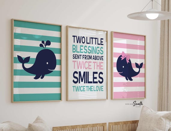 Twin nursery decor, whale twin nursery art, pink navy blue quote for twins, twin nursery for boy and girl, gift for twins nautical theme art
