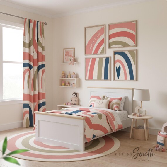 Coral Navy Rainbow Nursery Prints: Personalized Girl Name Art