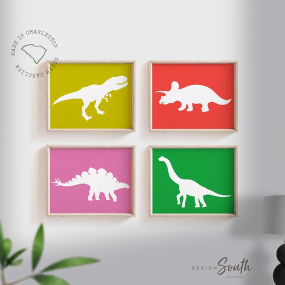Trendy dinosaur room art, dinosaur toddler prints, bright modern dinosaur wall prints, dinosaur playroom ideas, kid room bright dinosaurs