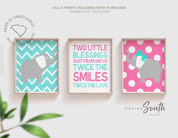 Twin nursery wall art boy/girl, pink and teal twin nursery wall decor, twin nursery decor, twin nursery art boy/girl, boy girl nursery art