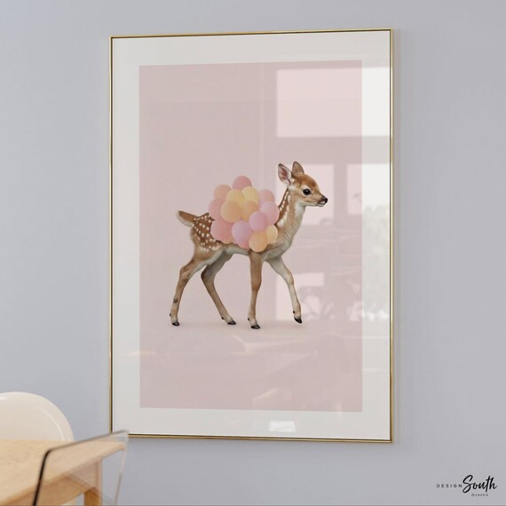 Fawn Deer Art Print – Pink Balloons, Girl Nursery Decor