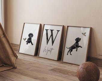 Black Labrador Retriever Nursery Wall Art Set of 3, Personalized Monogram Name Prints, Mallard Duck Bird Dog Decor, Hunting Nursery