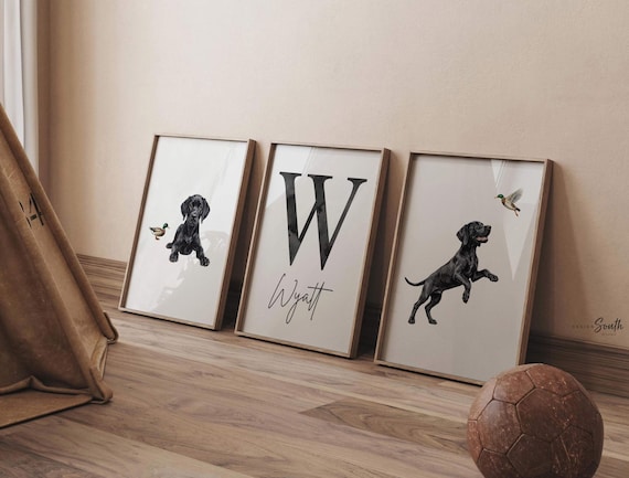 Black Labrador Retriever Nursery Wall Art Set of 3, Personalized Monogram Name Prints, Mallard Duck Bird Dog Decor, Hunting Nursery