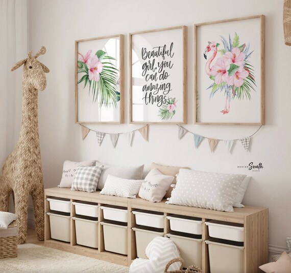 Baby girl nursery decor pink tropical flamingo floral, above crib decor, pink flamingo nursery wall art, personalized baby girl gift quote