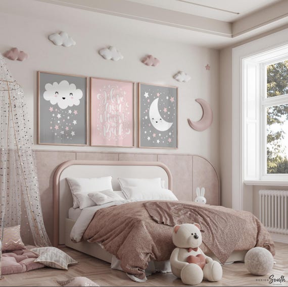 Pink & Gray Nursery Art: Moon, Stars, Cloud Prints