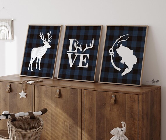 Deer bass fish decor, navy blue deer hunting fishing theme nursery, boys hunting wall prints, boys bedroom deer bass, outdoors theme nursery