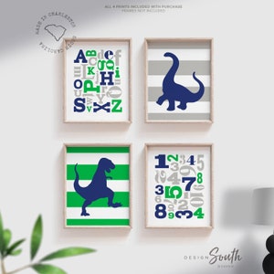 Kelly green and blue boys bedroom art, kelly green dinosaurs, boys dinosaur wall art, abc 123, dinosaur decor, bedroom dinosaurs toddler