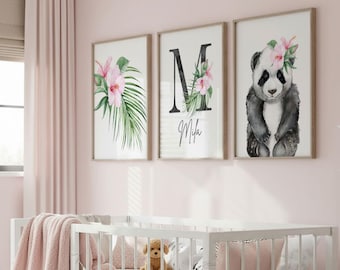 Tropical Nursery Art Prints: Panda, Palm Leaf, Monogram (UNFRAMED)