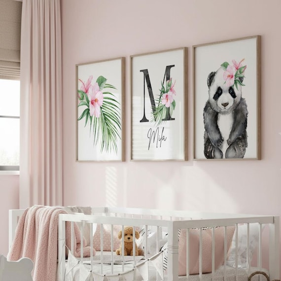 Tropical Nursery Art Prints: Panda, Palm Leaf, Monogram (UNFRAMED)