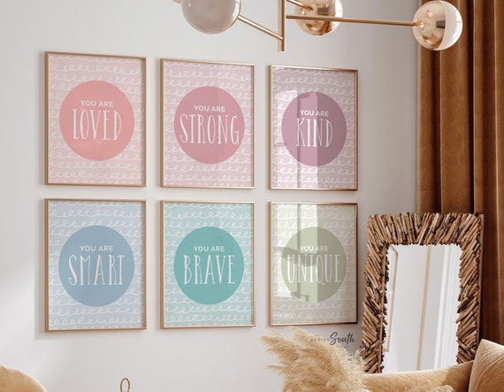 Kids positive affirmation wall art poster print set, muted pastel colors kids room decor, children playroom ideas, positive sayings art kids