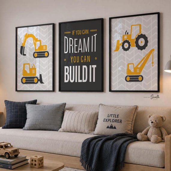 Construction Room Wall Art Set, Gray Yellow Vehicles, Dream Build Prints