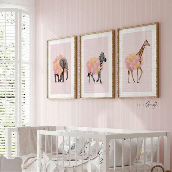 Pink Safari Animal Prints – Set of 3 Watercolor Wall Art with Balloons – Elephant, Zebra & Giraffe Nursery Decor