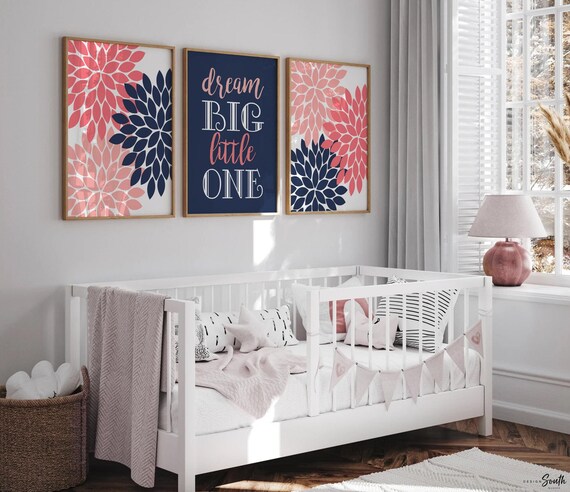Little girl's bedroom wall coral and navy floral, dream big little one, playroom ideas kids, gift for little girl inspirational quote print