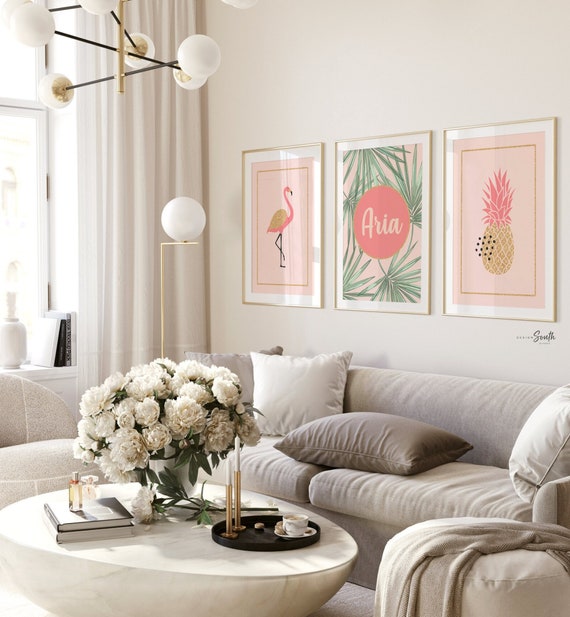 Coral gold flamingo nursery decor, girls nursery decor coral and gold, tropical nursery theme, girls tropical bedroom, wall decor coral gold