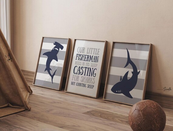 Shark nursery art navy and gray, boy's room fishing theme quote, stripes navy blue gray wall decor, shark kids room art, playroom wall idea