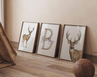 Whitetail Buck Deer Wall Art Set, Personalized Name & Initial Print, Hunting Nursery Decor, Boy Hunter Bedroom Gift