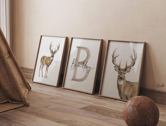 Whitetail Buck Deer Wall Art Set, Personalized Name & Initial Print, Hunting Nursery Decor, Boy Hunter Bedroom Gift