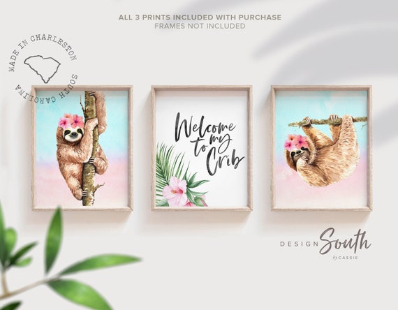Welcome to my crib, tropical girl nursery, sloth decor, tropical baby shower gift, green palm tropics girls above crib wall art, baby sloths